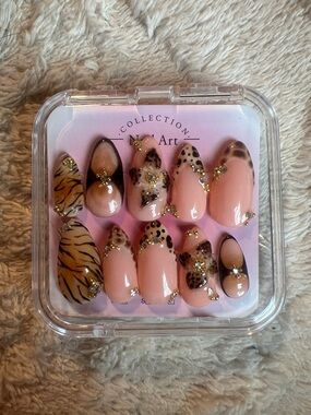 Peachy Pink Leopard & Tiger Print Press-On Nails with Gold Studs